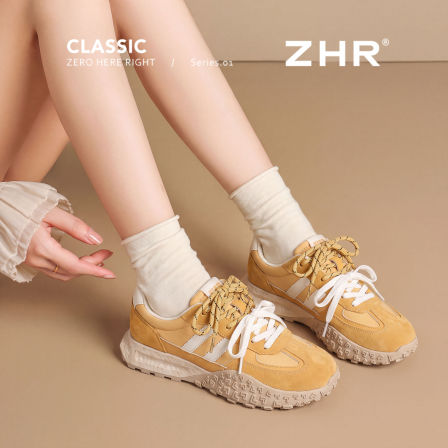 ZHR则则厚底德训鞋女2026秋新款真皮黄色阿甘鞋透气软底运动女鞋