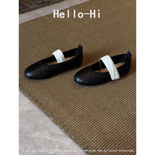 羊皮版~韩版复古软面拼色魔术贴浅口单鞋女温柔圆头平底芭蕾舞鞋主图