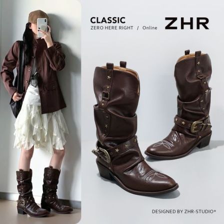 ZHR/则则彭雅琦同款尖头堆堆靴女2026秋新款棕色牛仔西部靴长筒靴