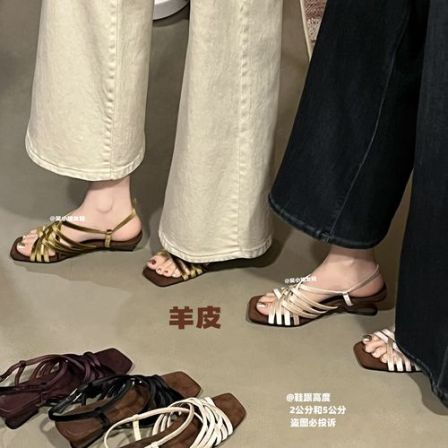 羊皮凉鞋- 姜黄丝绒编织方头粗跟凉鞋女复古美拉德风通勤百搭气质