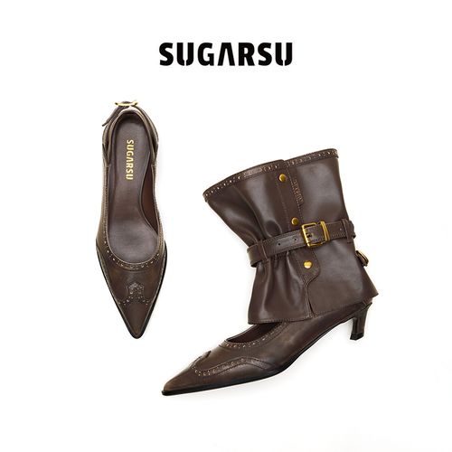 SugarSu/酥履26年秋季新款复古浅口尖头高跟三穿可拆卸短靴女鞋主图