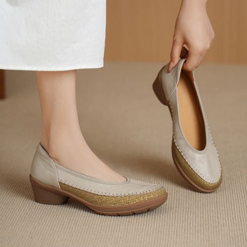 拼接真皮浅口单鞋女2026秋新款一脚蹬粗跟小皮鞋中跟软底舒适女鞋主图