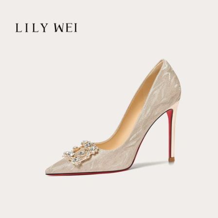 Lily Wei【火树银花】香槟金红底水钻方扣高跟鞋新娘伴娘优雅单鞋
