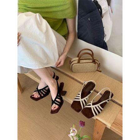 羊皮版~法式气质方头坡跟露趾凉鞋女2026夏季款时尚百搭日常女鞋