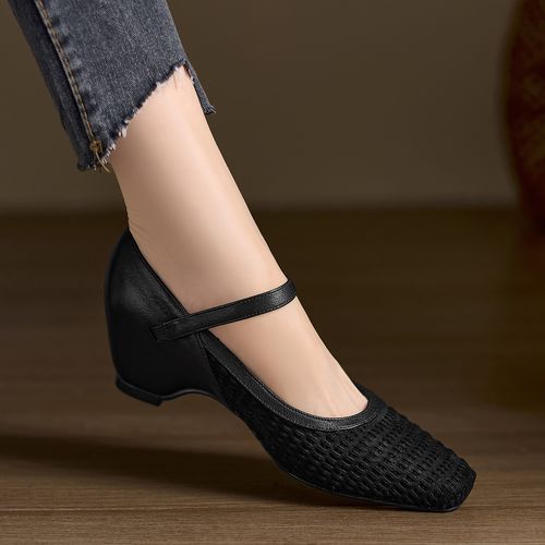 小个子手工女鞋4.5cm~法式复古真皮拼接方头一字带扣坡跟玛丽珍鞋主图