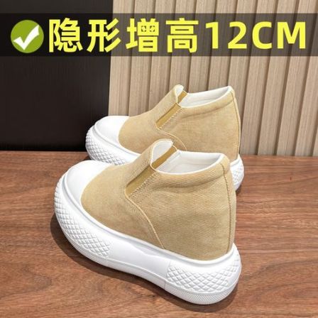 12cm隐形增高帆布鞋板鞋女春秋新厚底百搭一脚蹬懒人乐福鞋小白鞋