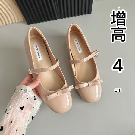 法式圆头蝴蝶结内增高5cm一字带玛丽珍鞋裸色银色温柔风浅口女鞋