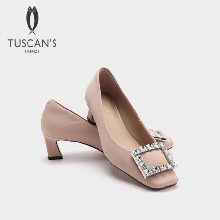 TUSCAN'S时尚休闲百搭女士钻钻方扣单鞋绒面浅口高跟鞋