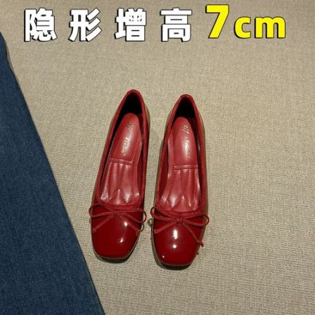 羊皮版~7cm小个子内增高红色芭蕾鞋不累脚浅口夏蝴蝶结粗跟单鞋女