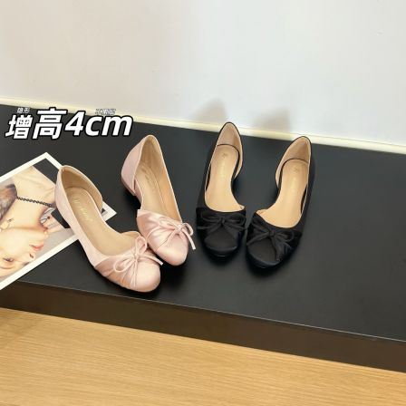 法式圆头浅口蝴蝶结内增高单鞋女小香风软底百搭芭蕾风气质女鞋