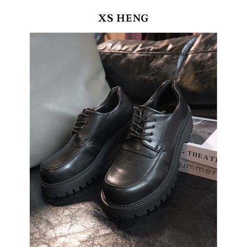 四季系列/英伦风圆头百搭黑色真皮潮男韩版厚底休闲鞋#23019主图