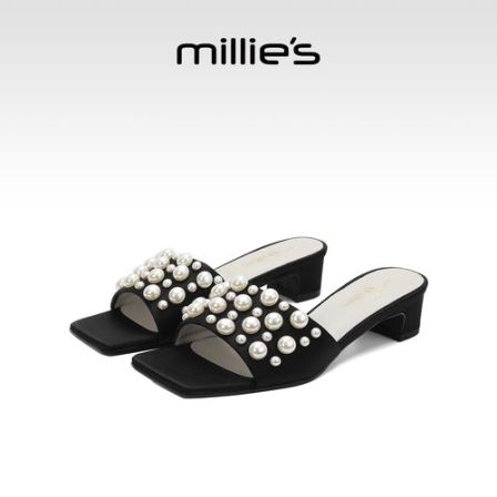 MILLIE'S/妙丽2026夏季新款珍珠女款凉拖鞋方头粗跟沙滩鞋一脚蹬Z