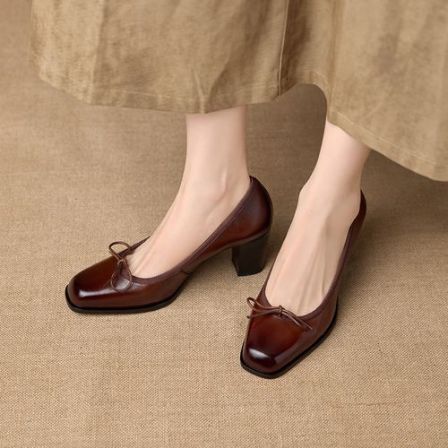 跟高7.5CM/法式复古气质方头高跟鞋浅口粗跟蝴蝶结单鞋真皮女鞋子