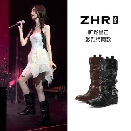 ZHR/则则光履西部靴女秋季刺绣美拉德尖头堆堆靴复古牛仔中筒靴Z