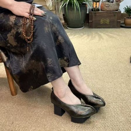民族风复古厚底真皮手工女鞋粗跟格格底高跟舒适气质百搭单鞋女