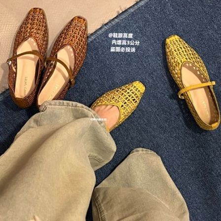 内增高3cm-复古编织镂空方头玛丽珍平底单鞋女透气猪笼鞋百搭气质