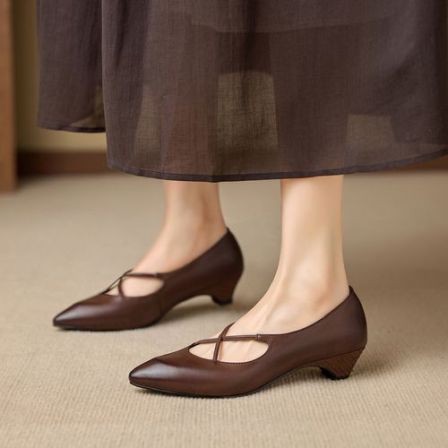 跟高3.5CM/法式复古尖头单鞋浅口粗跟交叉带玛丽珍鞋气质真皮女鞋