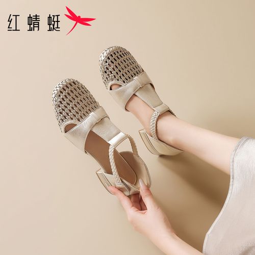 红蜻蜓编织镂空凉鞋女款2026夏季新款舒适透气女鞋低跟粗跟小单鞋主图