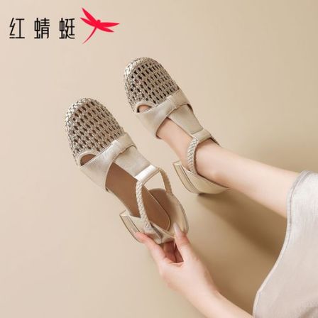 红蜻蜓编织镂空凉鞋女款2026夏季新款舒适透气女鞋低跟粗跟小单鞋
