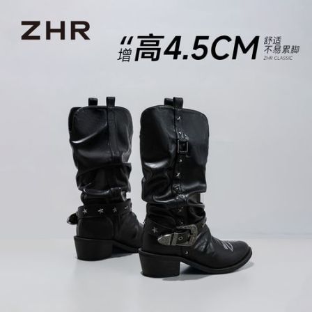ZHR/则则光履西部靴女款2026秋季新款时尚黑色堆堆靴时装靴中筒靴