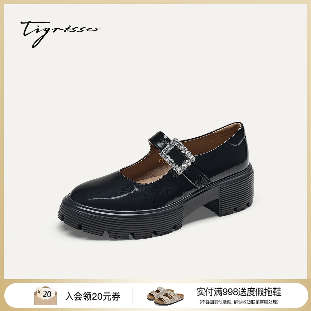姗姗蹀愫2026秋季新复古钻扣增高5cm玛丽珍黑色小皮鞋T76502A-02主图