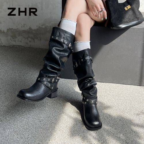 ZHR/则则复古皮带扣骑士靴女2026圆头厚底机车靴黑色长筒靴女显瘦主图