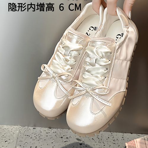 真皮~内增高6cm蝴蝶结芭蕾德训鞋女2026新款软底百搭粉色休闲鞋主图