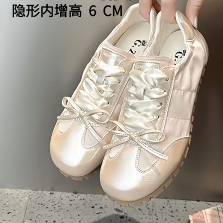 真皮~内增高6cm蝴蝶结芭蕾德训鞋女2026新款软底百搭粉色休闲鞋