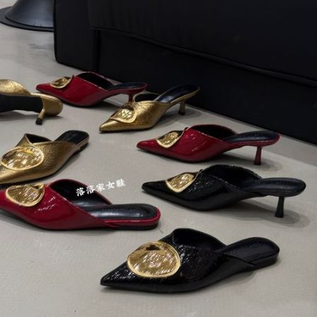 两种跟高~小众金属扣平跟尖头凉拖气质细高跟包头穆勒拖鞋女外穿