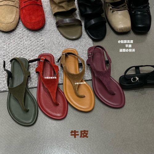 牛皮凉鞋-松弛穿搭复古磨砂夹趾平底凉鞋女度假风百搭休闲女鞋主图