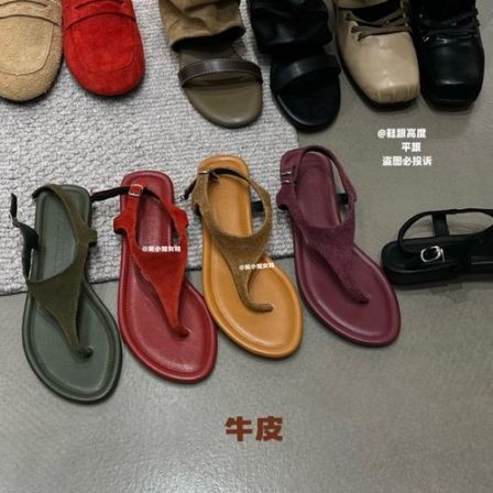 牛皮凉鞋-松弛穿搭复古磨砂夹趾平底凉鞋女度假风百搭休闲女鞋