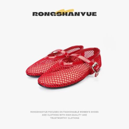 Rongshanyue镂空透气平底玛丽珍芭蕾鞋法式复古风渔网鞋女B1315