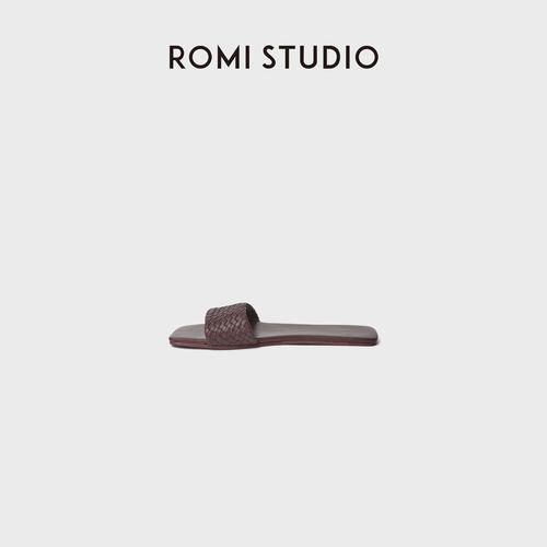 ROMI STUDIO纯手工编织小羊皮拖鞋酒红一字平底凉拖RWDRP35326主图