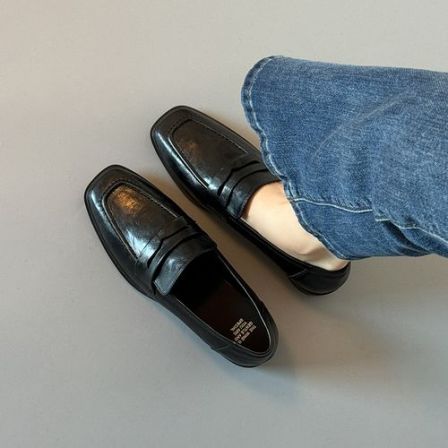 黑色复古简约粗跟中跟乐福鞋方头一脚蹬百搭舒适通勤小皮鞋单鞋女
