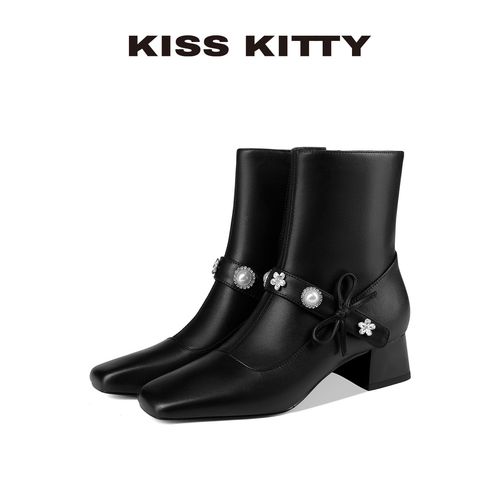 KISSKITTY小香风珍珠粗跟短靴女2025秋季新款玛丽珍高跟瘦瘦靴子主图