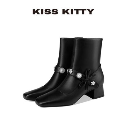 KISSKITTY小香风珍珠粗跟短靴女2025秋季新款玛丽珍高跟瘦瘦靴子