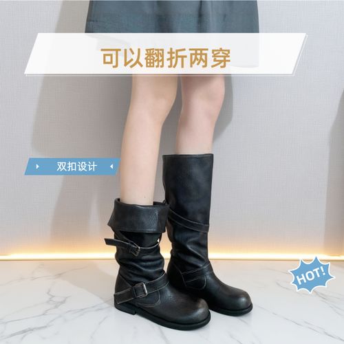 两穿褶皱复古风大筒围圆头裤管靴粗跟厚底真皮中长筒骑士靴女秋冬主图