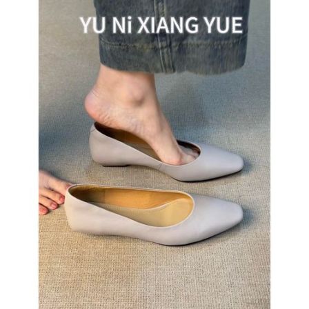 羊皮版~法式方头粗跟单鞋女百搭浅口平底鞋久站不累脚软底工作鞋