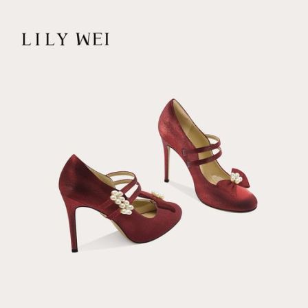 LilyWei【甜芮】复古酒红色高跟鞋珍珠圆头蝴蝶结时尚法式细跟女鞋