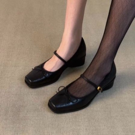 羊皮版~法式复古方头浅口玛丽珍鞋女百搭粗跟黑色通勤单鞋秋新款