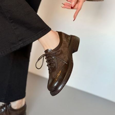 复古风磨砂拼接休闲鞋真皮系带厚底单鞋女2026春秋季舒适通勤鞋
