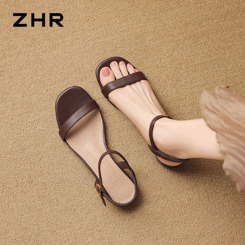 ZHR/则则法式一字带凉鞋女夏季新款不累脚真皮百搭配裙子粗跟凉鞋主图