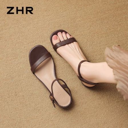 ZHR/则则法式一字带凉鞋女夏季新款不累脚真皮百搭配裙子粗跟凉鞋