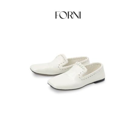 FORNI/YOYO “舒芙蕾”潮流方头编织设计感白色小皮鞋一脚蹬单鞋
