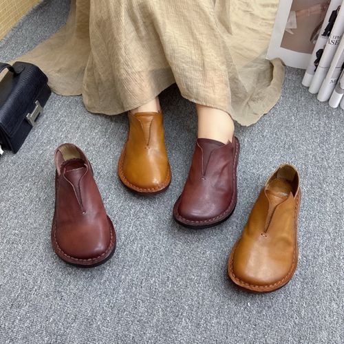 【圆头平底】纯牛皮手工上线复古软底透气966-106百搭女士浅口单主图