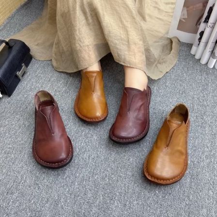 【圆头平底】纯牛皮手工上线复古软底透气966-106百搭女士浅口单