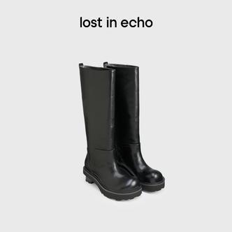 lost in echo秋季翘圆头积木跟厚底高筒长筒靴子骑士靴女