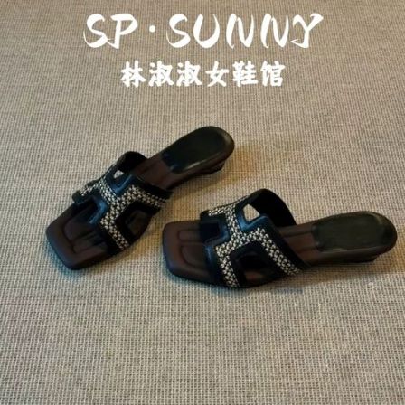 牛皮版~休闲度假风方头编织凉鞋女拼色凉拖鞋女夏外穿露趾高跟鞋