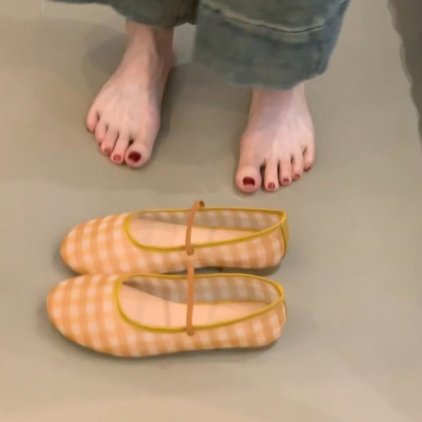 羊皮版~田园风小众格纹一字带玛丽珍鞋女网纱透气时尚舒适芭蕾鞋主图