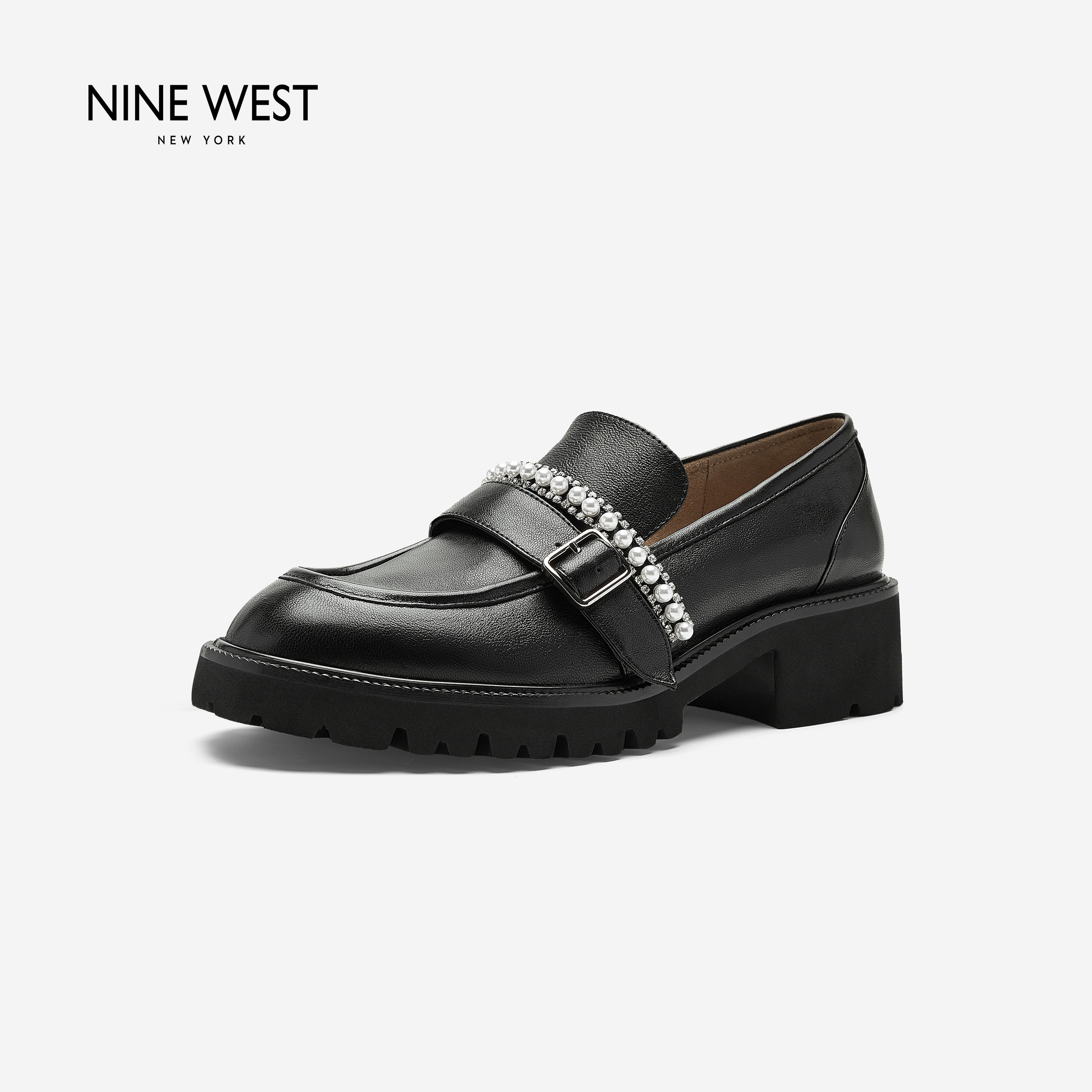 Nine West/玖熙英伦风厚底乐福鞋女黑色珍珠装饰一脚蹬百搭单鞋主图